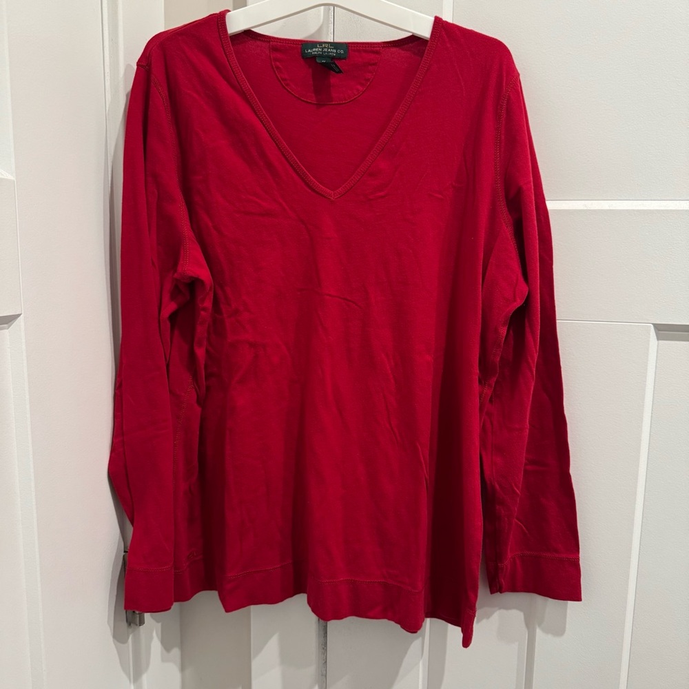 Lauren Jeans Co Shirt Womens Ralph Lauren V-neck Long Sleeve Red 1X